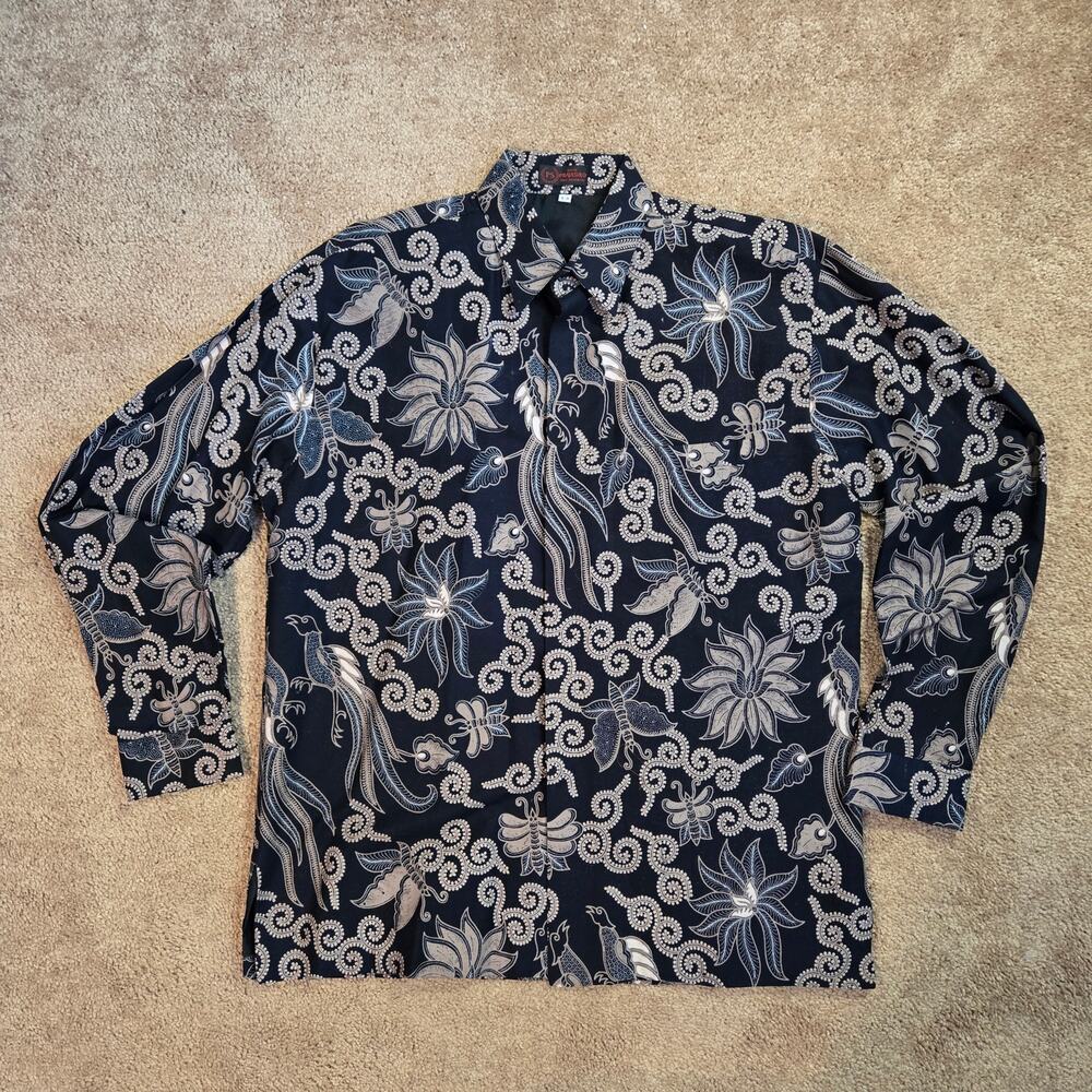 NWOT Indonesian Batik Black/Tan Mens Long Sleeve Button Down PS Prajasolo US XL